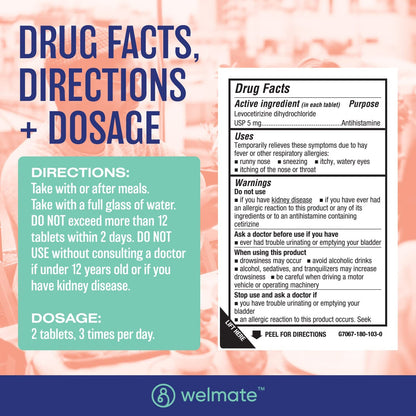 WELMATE Levocetirizine Dihydrochloride 5mg (360 ct) – Non-Drowsy 24-Hour Allergy Relief | OTC Antihistamine