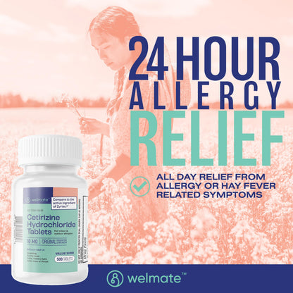 WELMATE Allergy Relief – Cetirizine 10mg, 24-Hour Non-Drowsy (500 Tabs)