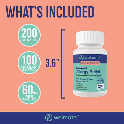 WELMATE Fexofenadine HCl 60mg – Non-Drowsy, 12-Hour Allergy Relief (200 Tablets)