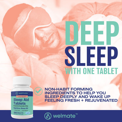 WELMATE Nighttime Sleep Aid 25 mg Doxylamine Succinate | 100 Tablets | Adults & 12+