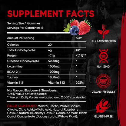 WEVYHFS SPORTS Creatine Gummies 5000mg - Sugar-Free Vegan with BCAA, L-Carnitine & B12