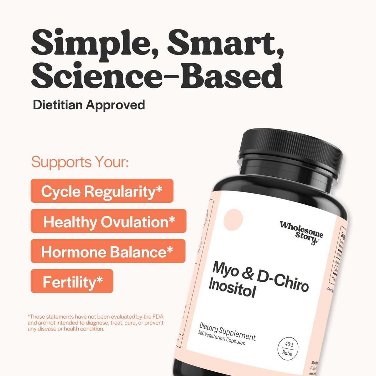Wholesome Story Myo-Inositol & D-Chiro Inositol - نسبة 40:1، توازن الهرمونات، صحة المبيض | 90 حصة