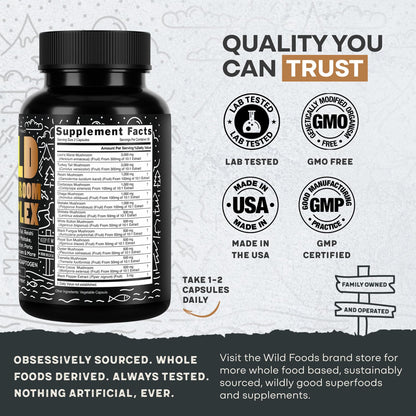 Wild Foods Premium Mushroom Complex - 13 Organic Mushrooms, 10:1 Extract, 60 Capsules