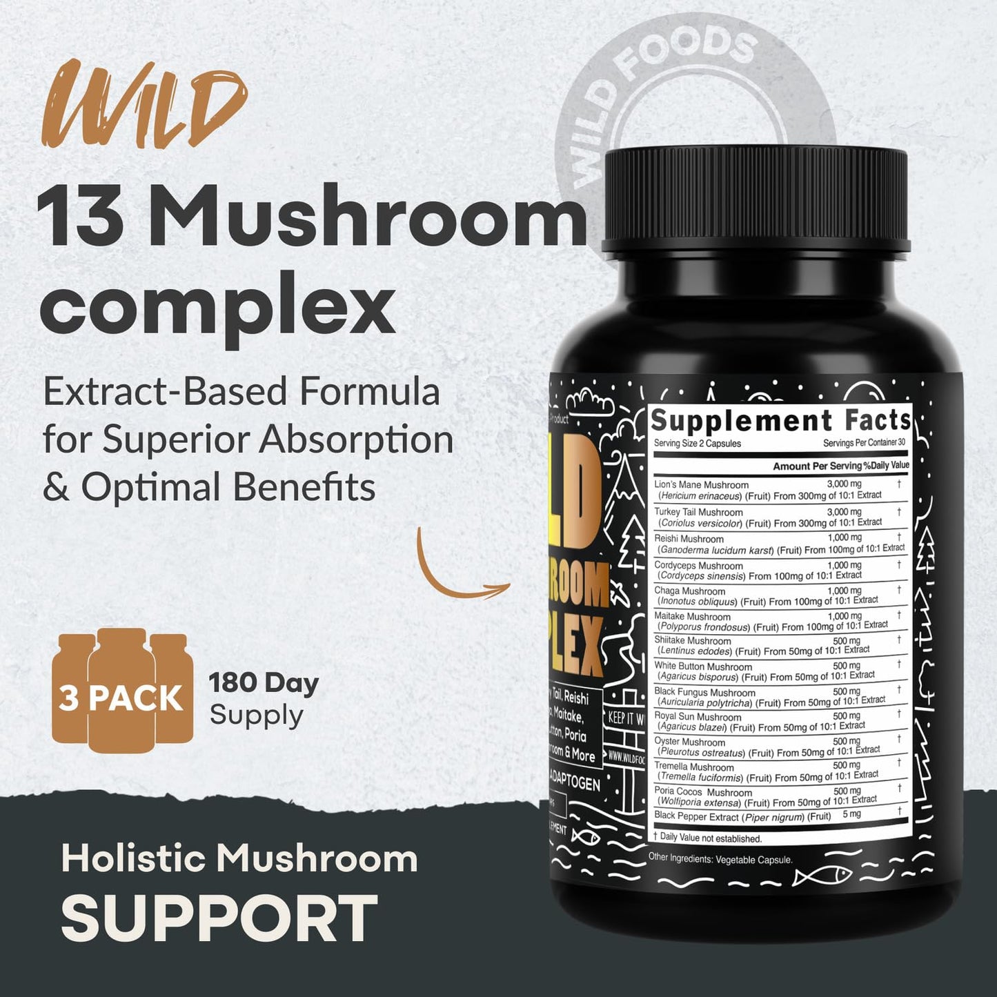 Wild Foods Premium Mushroom Complex - 13 Organic Mushrooms, 10:1 Extract, 60 Capsules