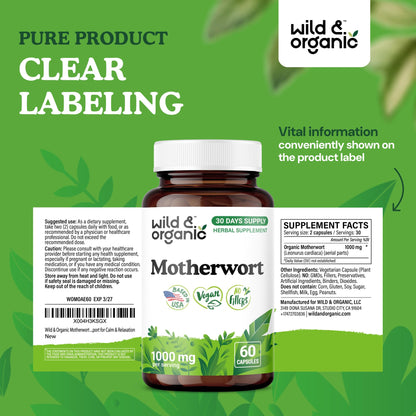 Wild & Organic Motherwort Capsules 1000 mg – Calmness & Women's Support (60 Vegan Capsules)