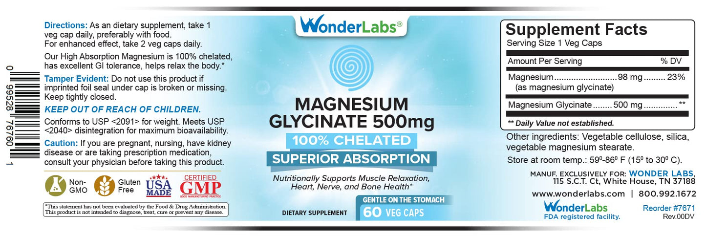 Wonder Laboratories Magnesium Glycinate 500mg – Chelated, Non-GMO, Gluten, Dairy & Soy Free (60)