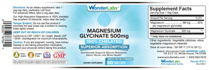 Wonder Laboratories Magnesium Glycinate 500mg – Chelated, Non-GMO, Gluten, Dairy & Soy Free (60)