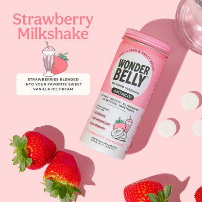 Wonderbelly Antacid Maximum Strength 1000 mg Calcium Carbonate – Strawberry Milkshake Flavor (50 Chewables)