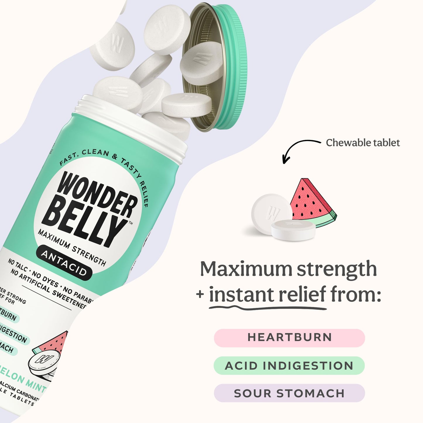 Wonderbelly Antacid Watermelon Mint – 1000 mg Calcium Carbonate Chewables