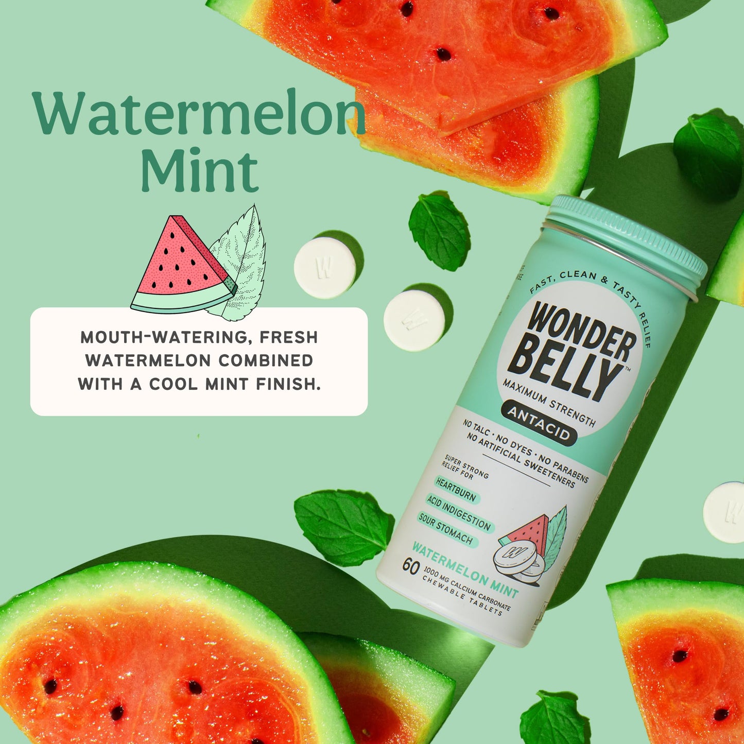 Wonderbelly Antacid Watermelon Mint – 1000 mg Calcium Carbonate Chewables