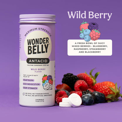 Wonderbelly Antacid Extra Strength 1000 mg Calcium Carbonate – Wild Berry Chewables for Heartburn Relief