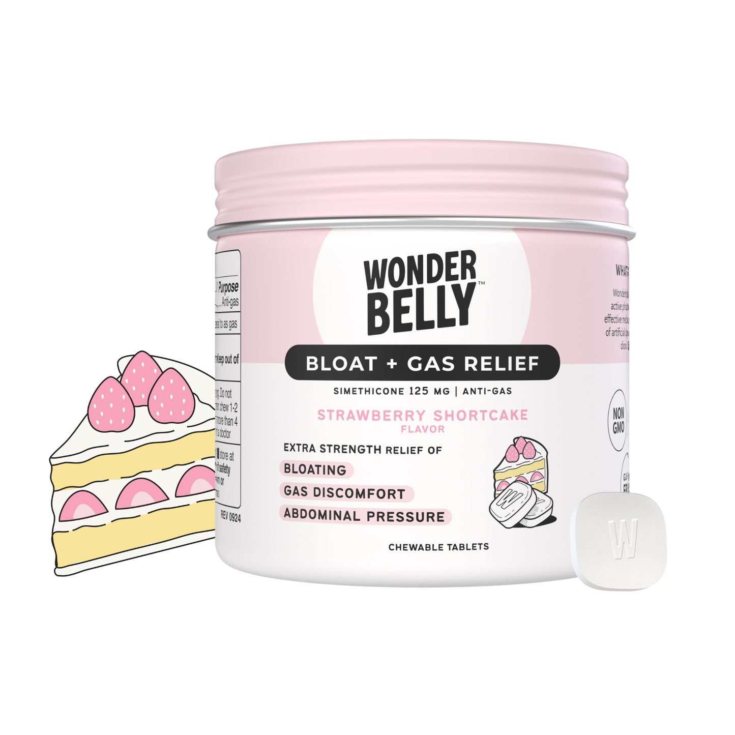 Wonderbelly Bloat & Gas Relief – Extra Strength Chewables, 125 mg Simethicone, Strawberry Shortcake