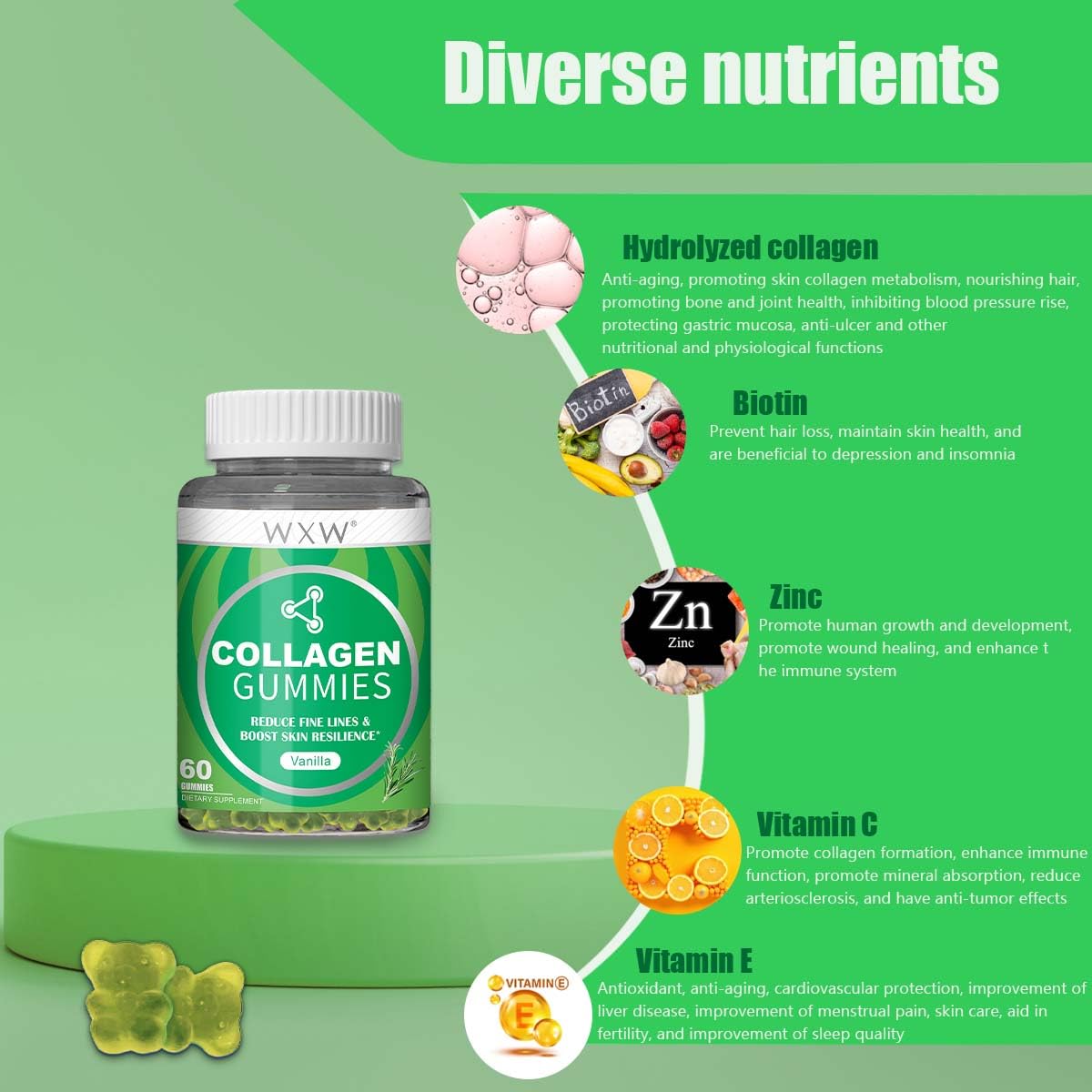 WXW Hydrolyzed Collagen Gummies for Women - Non-GMO Anti-Aging Formula | Biotin, Zinc, Vitamins C & E | Vanilla 60ct