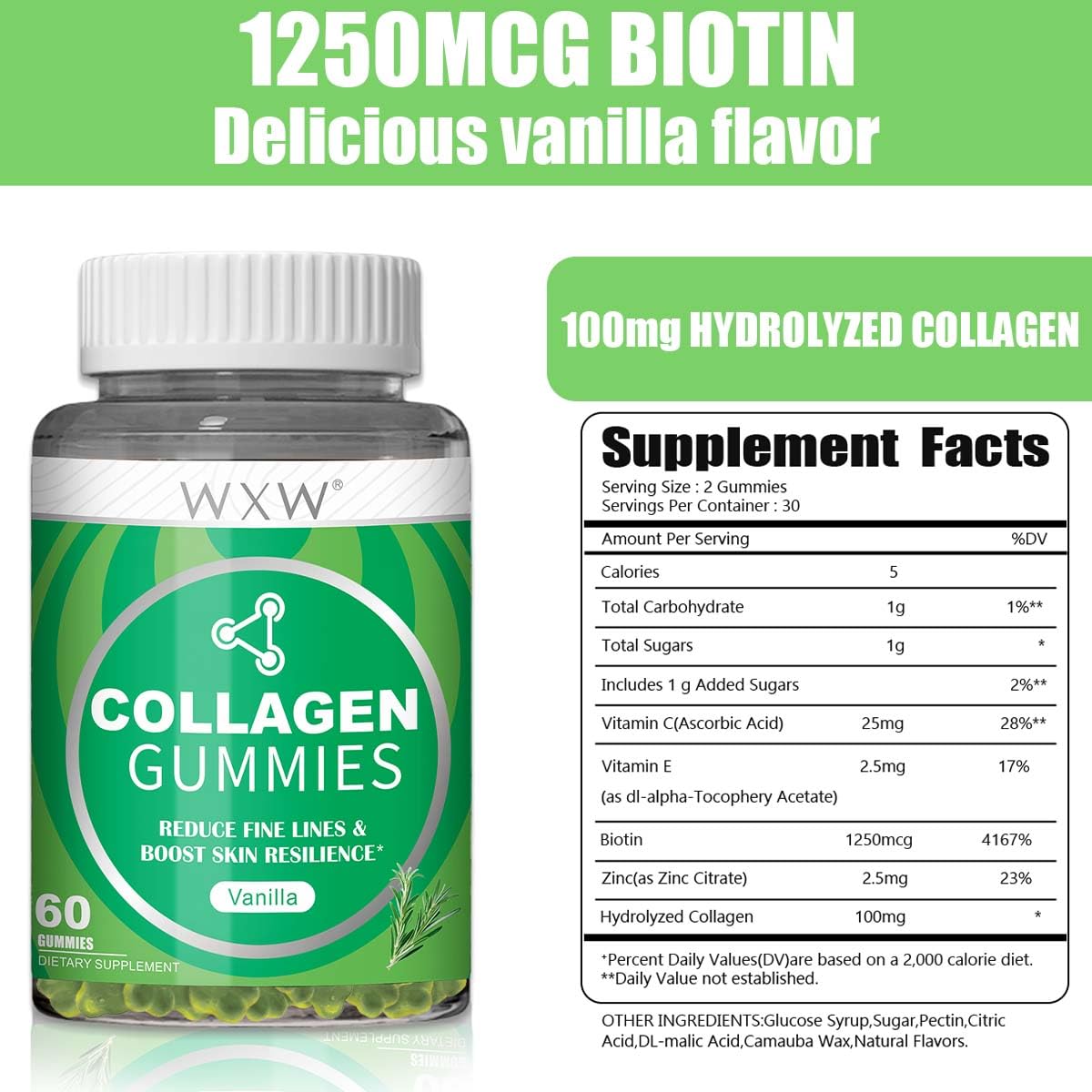 WXW Hydrolyzed Collagen Gummies for Women - Non-GMO Anti-Aging Formula | Biotin, Zinc, Vitamins C & E | Vanilla 60ct