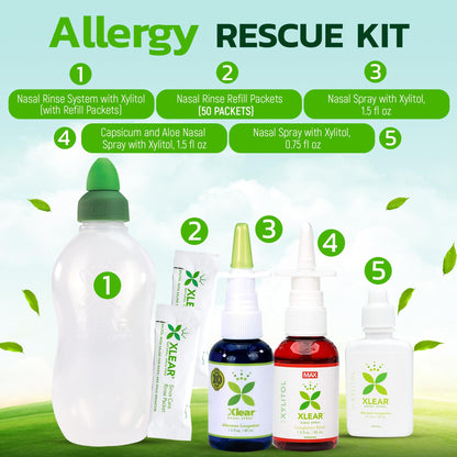 Xlear Allergy Relief Kit | All-Day Nasal Spray, Neti Pot & 50 Refill Packets