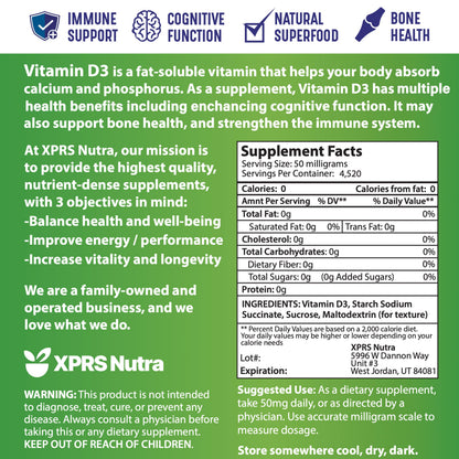 XPRS Nutra Vitamin D3 Powder (Cholecalciferol) - Unflavored D3 Powder - 8oz