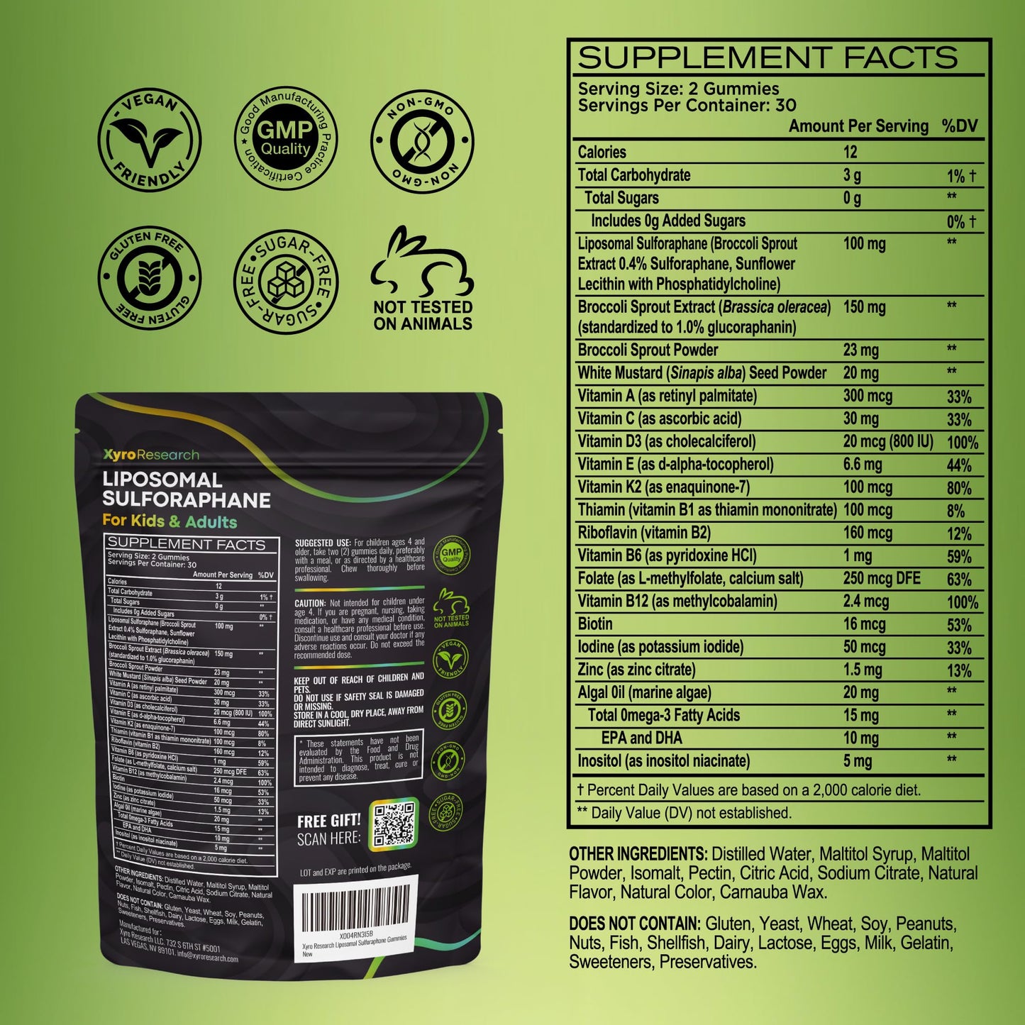 Xyro Research Liposomal Sulforaphane Gummies – 150mg Broccoli Sprout Extract | Vegan, Non-GMO, Sugar-Free