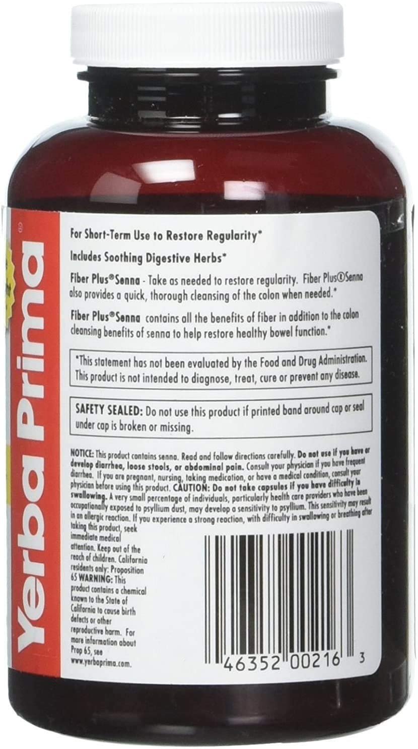 Yerba Prima Fiber Plus Senna Capsules – 180 Count, Gentle Overnight Relief, USA Made, Non-GMO, Gluten-Free