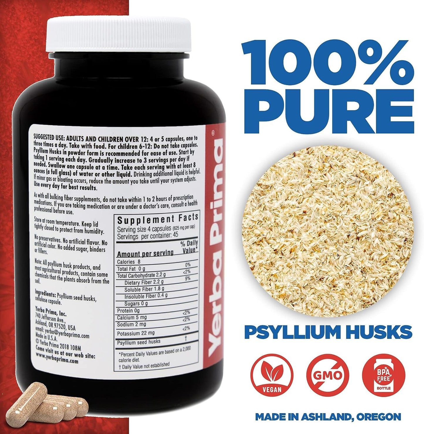 Yerba Prima Fiber Psyllium Husks Veg Caps - 180 Veg Caps