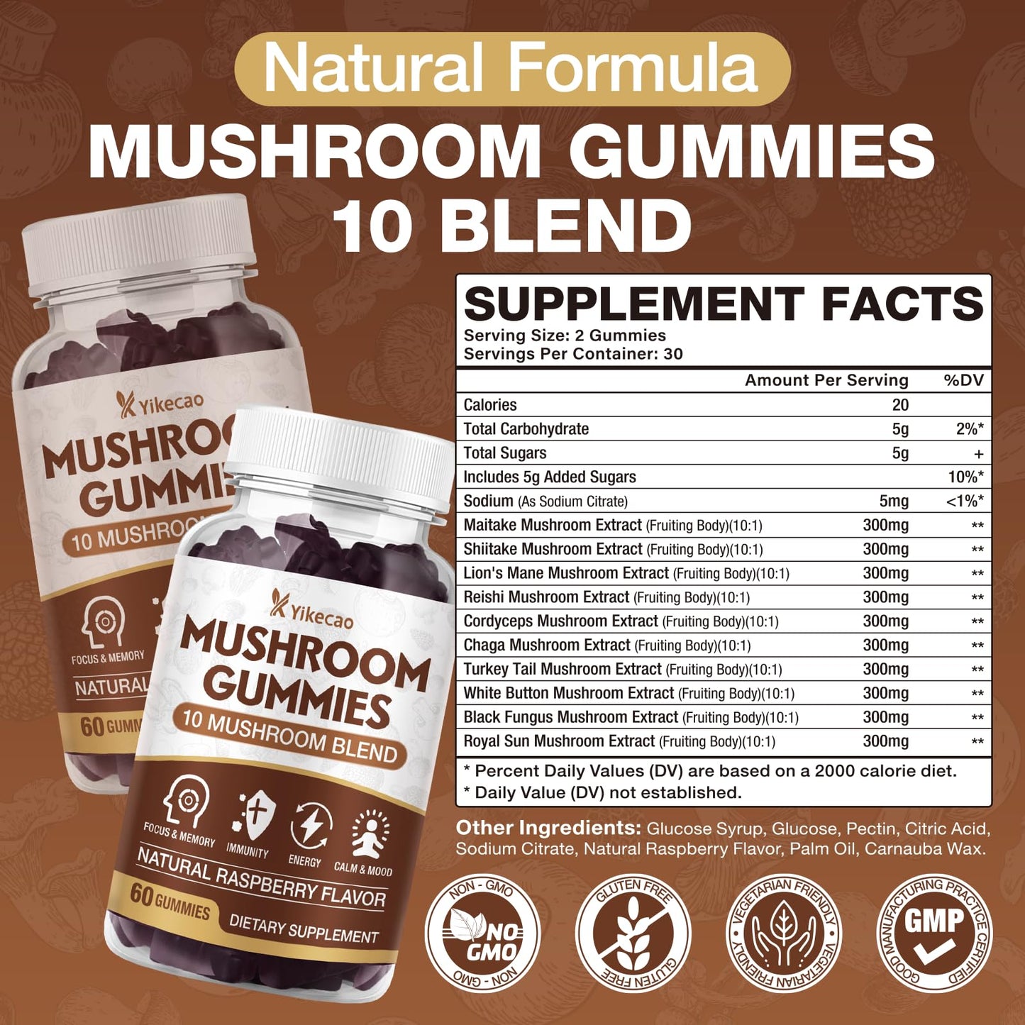 Yikecao Mushroom Gummies for Adults – 10-Mushroom Complex, Focus & Energy, Raspberry Flavor, 60 Count