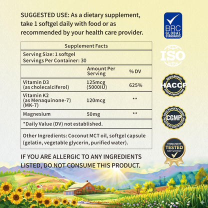 YMINGKJ Vitamin D3 5000 IU & K2 MK-7 Softgels with Magnesium | 30 Softgels | Non-GMO