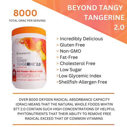 Youngevity Beyond Tangy Tangerine 2.0 Citrus Peach | Ultimate Multivitamin Powder (8,000 ORAC) – 2 Canisters