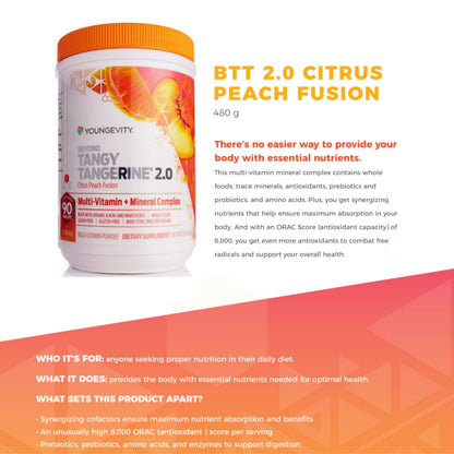 Youngevity Beyond Tangy Tangerine 2.0 Citrus Peach | Ultimate Multivitamin Powder (8,000 ORAC) – 2 Canisters