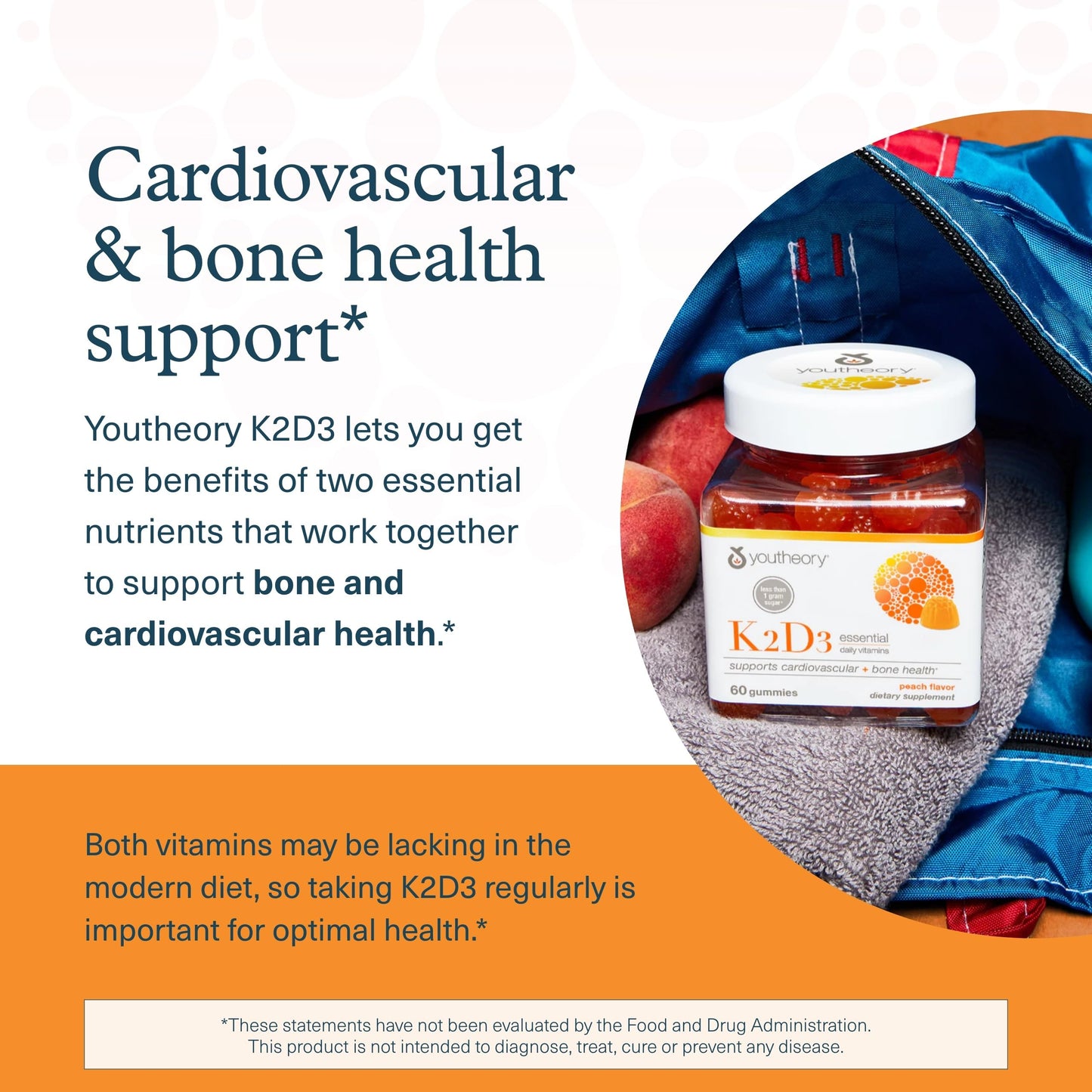 Youtheory K2D3 – Bone & Heart Health Support* (D3 + K2) – Peach, 60 Vegetarian Gummies