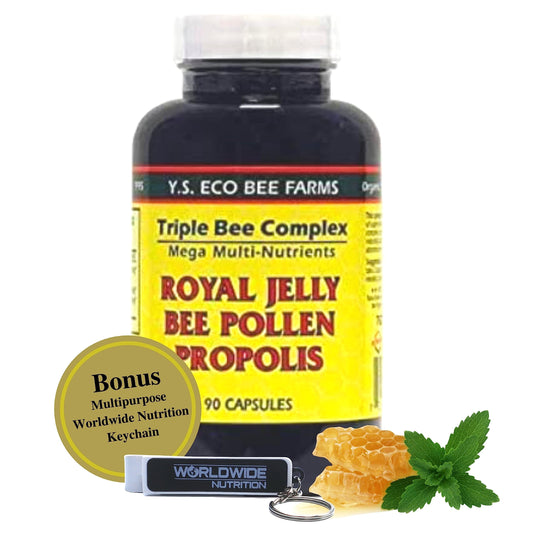 YS Organics Triple Bee Complex - Royal Jelly, Bee Pollen & Propolis | 90 Capsules + Bonus Key Chain