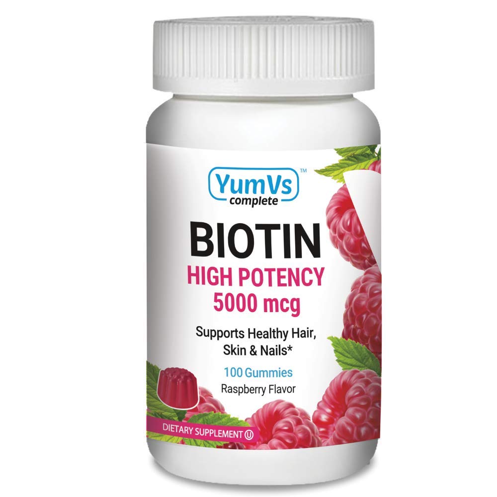 YUM-V's Biotin Gummies – 5,000 mcg High Potency Biotin, Raspberry Flavor – Kosher & Gluten-Free Hair, Skin & Nails (100 Count)