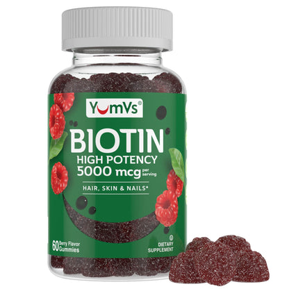 YumVs Biotin Gummies 5000mcg - Raspberry Flavor | Hair, Skin & Nails Vitamins (60 Count)