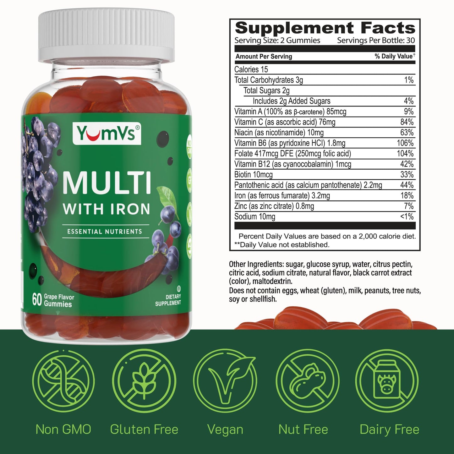 YUM-V'S Iron Gummies - Multivitamin with Iron, Vitamin C, A, B & Zinc | Grape Flavor | 60 Count