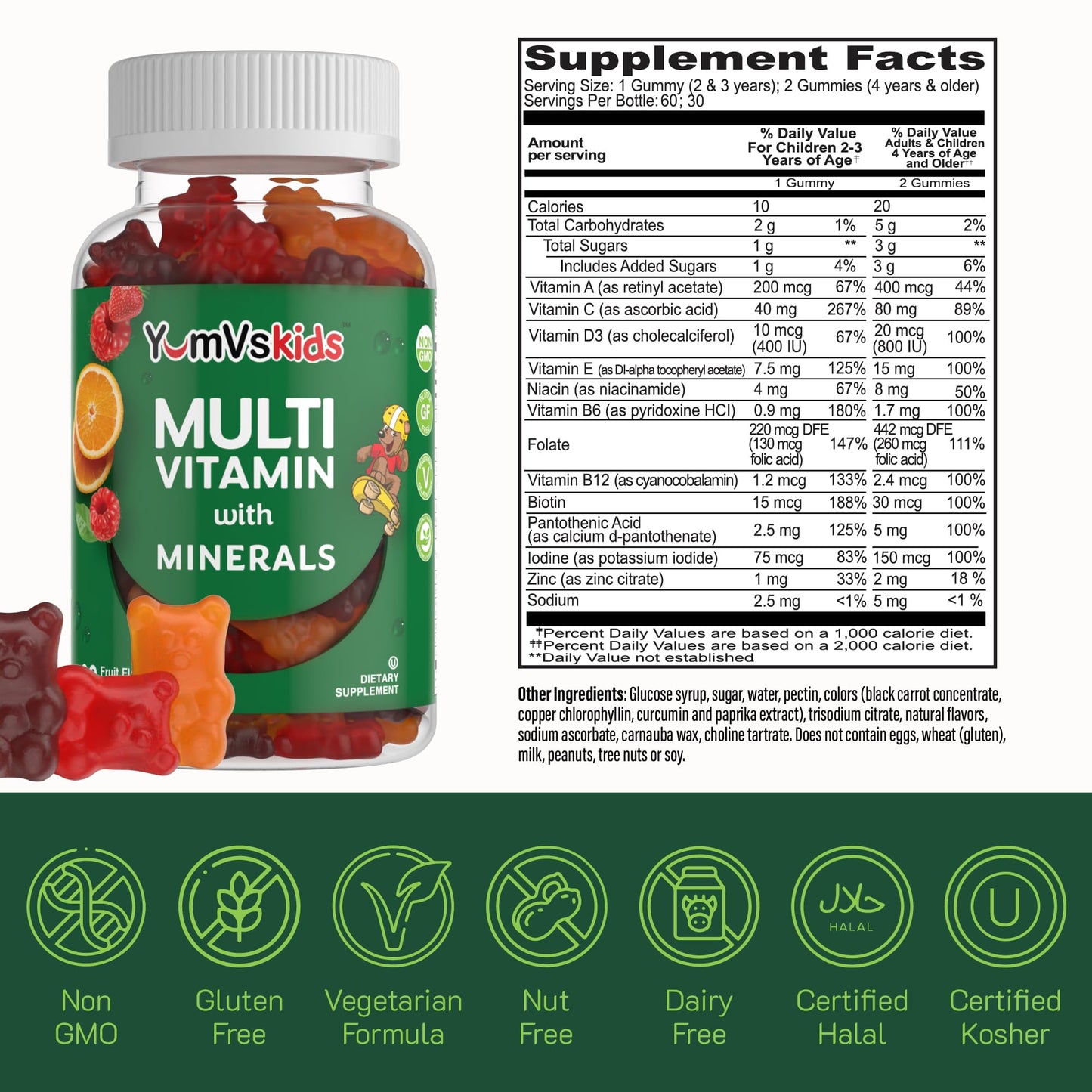YumVs Kids Multivitamin Gummies - Fruit Flavored Chewable Multivitamin, 60 Count (Kosher, Halal, Gluten Free)