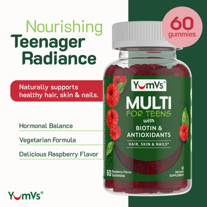 YumVs Teen Multivitamin Gummies - Raspberry Flavor | Biotin & Antioxidants | Hair, Skin & Nails | Kosher 12-17 (60 Count)