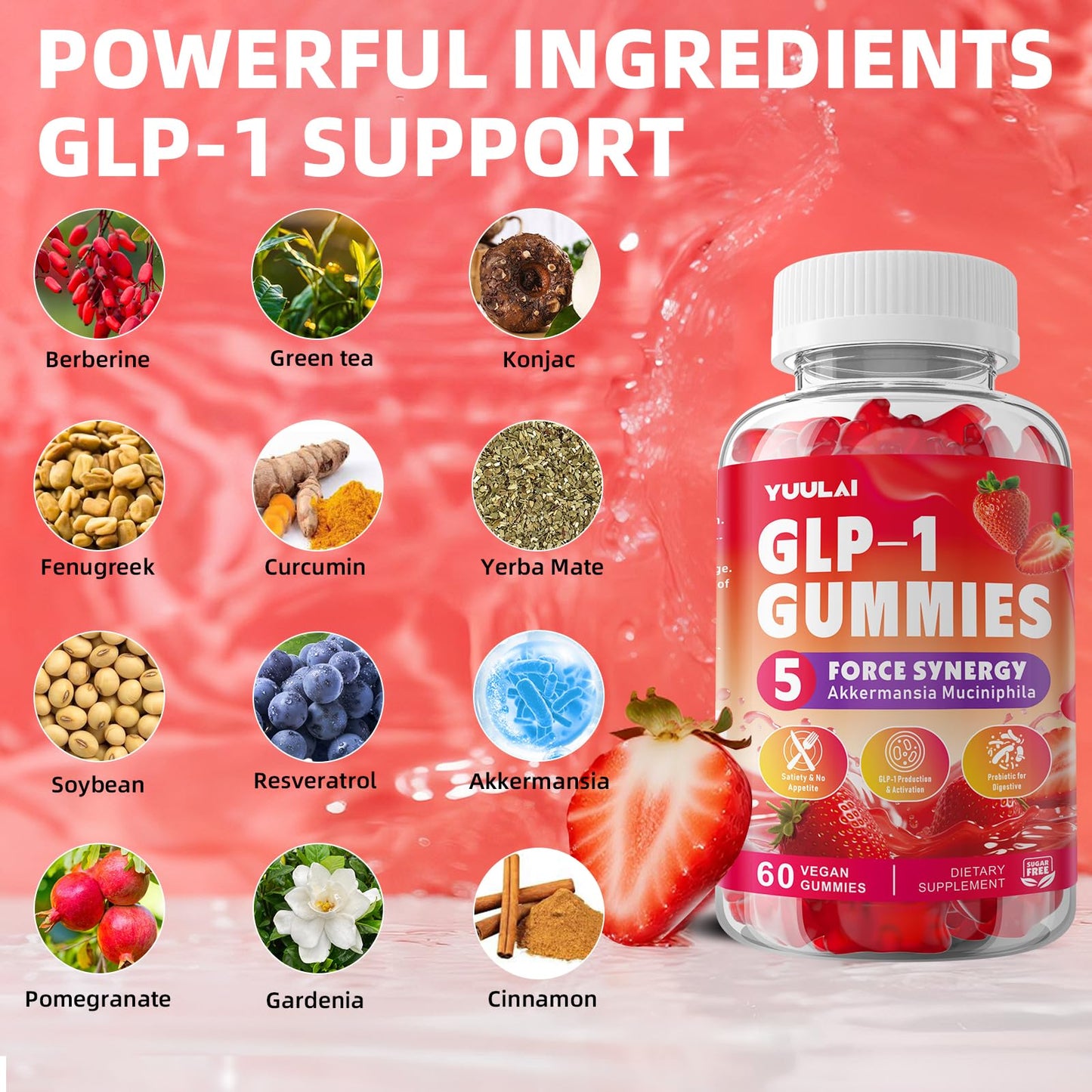 YUULAI GLP-1 Berberine Gummies with Akkermansia Probiotic – Raspberry Flavor, 60 Count