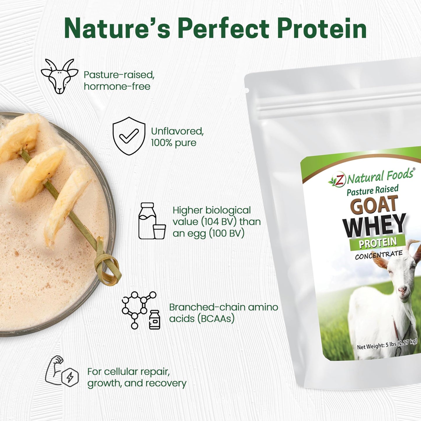 Z Natural Foods Goat Whey Protein Powder Concentrate - Undenatured, Unflavored, Pasture-Raised Goat Protein (5 lb)