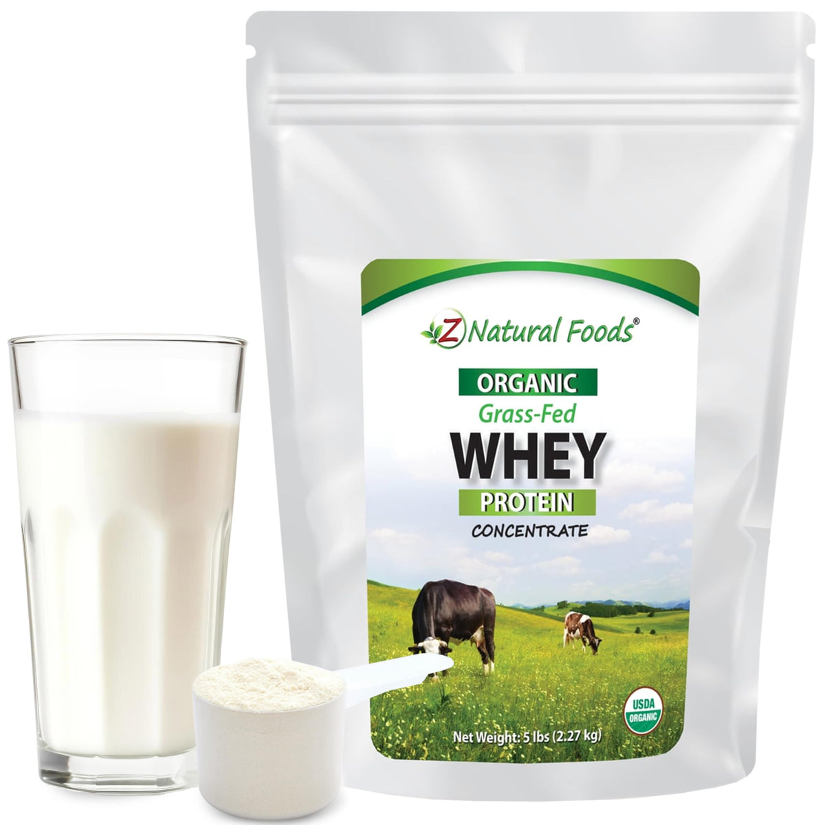 مركز بروتين مصل اللبن العضوي من Z Natural Foods من أبقار تتغذى على العشب - غير مُنكّه، مُعالج على البارد، 5 أرطال