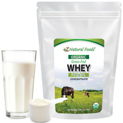 مركز بروتين مصل اللبن العضوي من Z Natural Foods من أبقار تتغذى على العشب - غير مُنكّه، مُعالج على البارد، 5 أرطال
