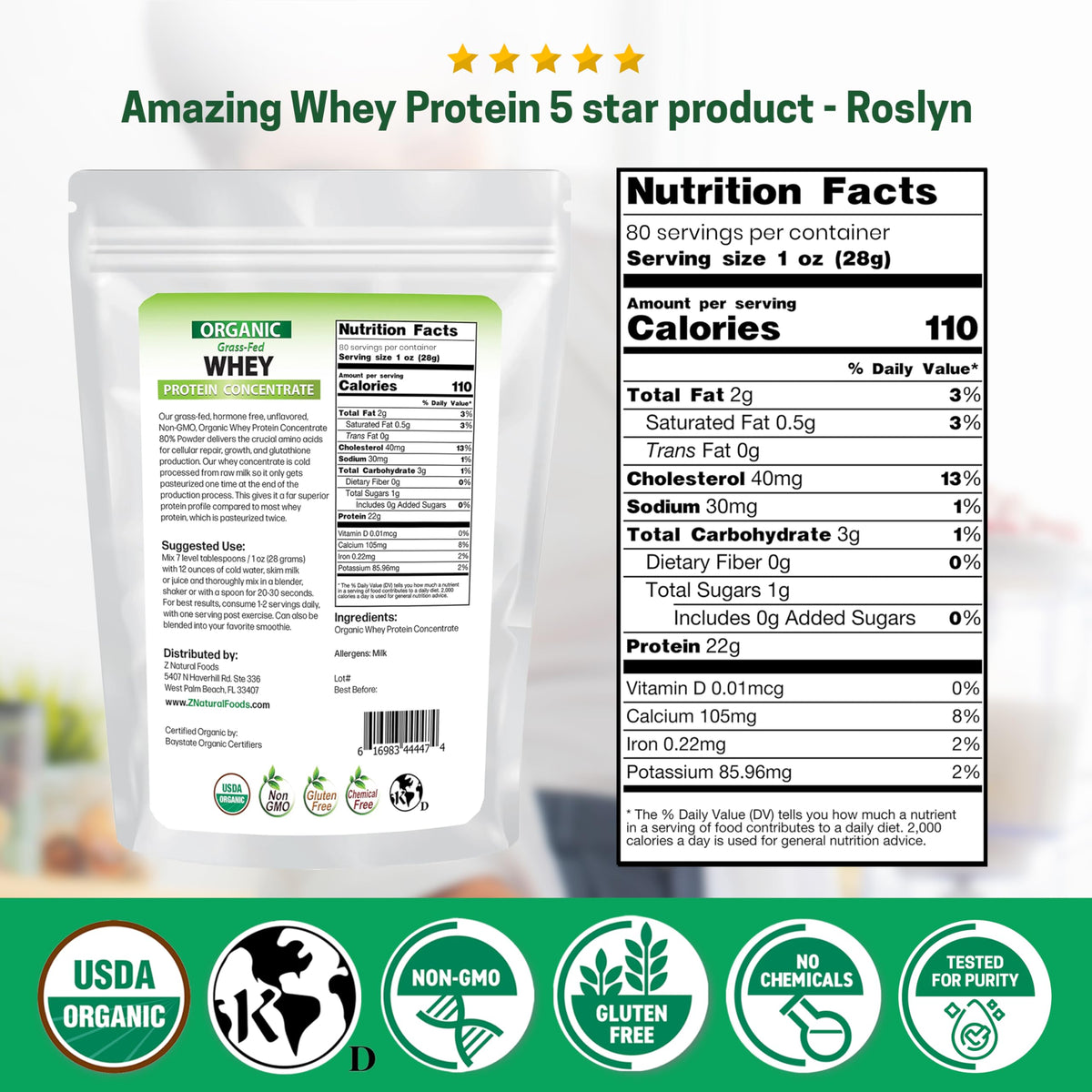 مركز بروتين مصل اللبن العضوي من Z Natural Foods من أبقار تتغذى على العشب - غير مُنكّه، مُعالج على البارد، 5 أرطال