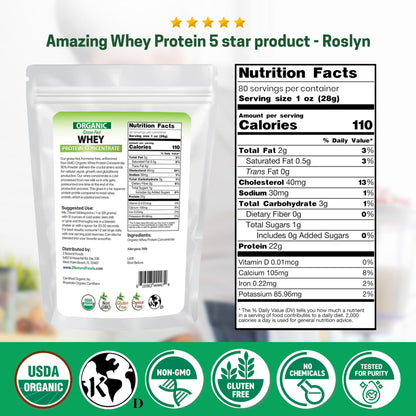 مركز بروتين مصل اللبن العضوي من Z Natural Foods من أبقار تتغذى على العشب - غير مُنكّه، مُعالج على البارد، 5 أرطال