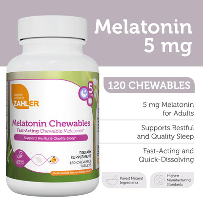Zahler Melatonin 5mg Tablets - Fast-Acting Orange Chewables (120 Count) - Made in USA, Kosher & Non-GMO