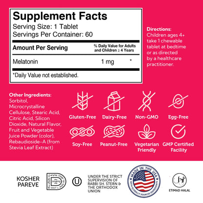 Zahler 1mg Kids Melatonin – Sleep Support for Ages 4+ | Grape Flavor, Kosher, Non-GMO (60 ct)