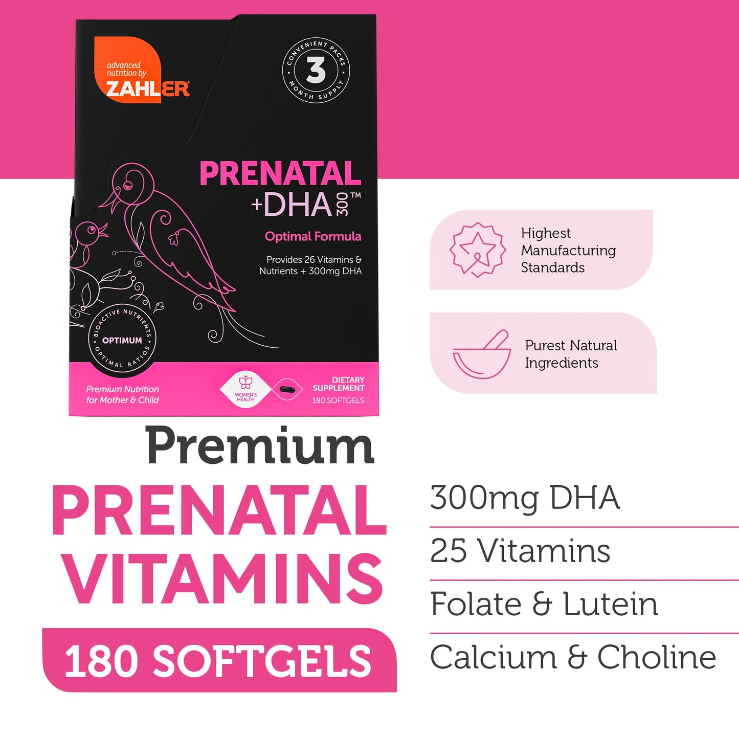 Zahler Prenatal Vitamin with DHA & Folate – 180 Softgels (Kosher)