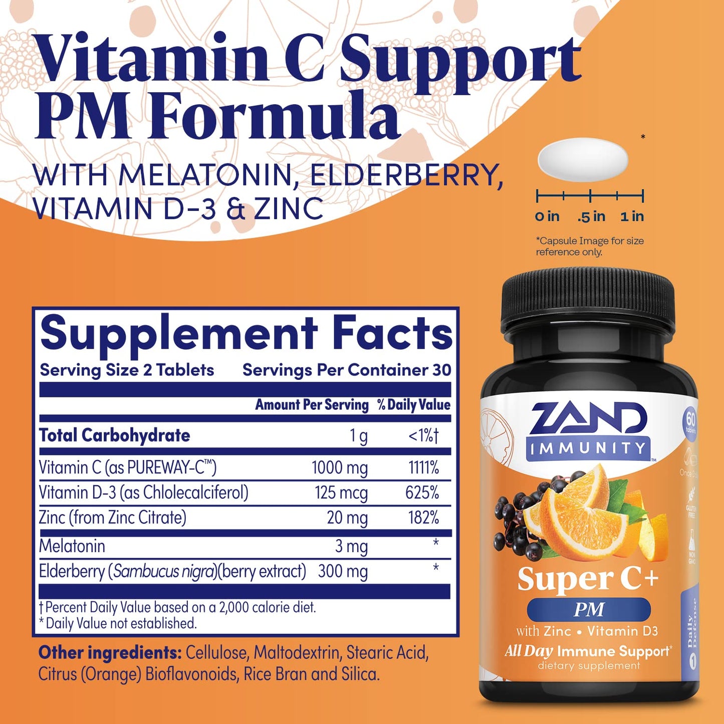 Zand Immunity Super C+ PM – Nighttime Immune Support with Melatonin, 1000mg PureWay-C, Zinc, D3 & Elderberry | 60 Tablets