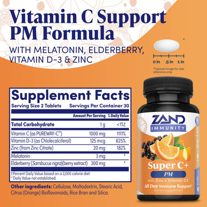 Zand Immunity Super C+ PM – Nighttime Immune Support with Melatonin, 1000mg PureWay-C, Zinc, D3 & Elderberry | 60 Tablets