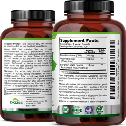 Zazzee DIM 300 mg per Capsule + BioPerine | 100 Count, Vegan, Non-GMO