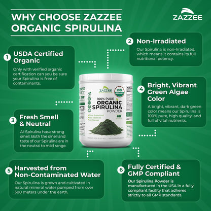 Zazzee Organic Spirulina Powder, 8 Ounces – USDA Certified Organic, 68 Servings