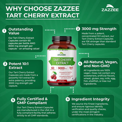 Zazzee Tart Cherry 10:1 Extract – 3000 mg per Capsule, 60 Vegan Capsules, 2-Month Supply, Certified Kosher, Gluten Free, Non-GMO