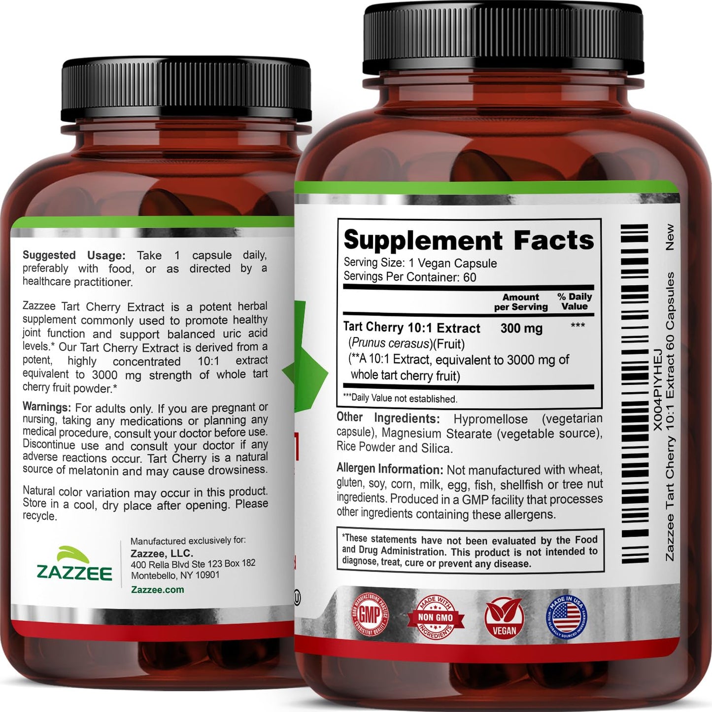 Zazzee Tart Cherry 10:1 Extract – 3000 mg per Capsule, 60 Vegan Capsules, 2-Month Supply, Certified Kosher, Gluten Free, Non-GMO