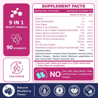 ZEBORA Biotin Gummies for Hair, Skin & Nails | Biotin, Zinc & Vitamins – 90 Blueberry Gummies